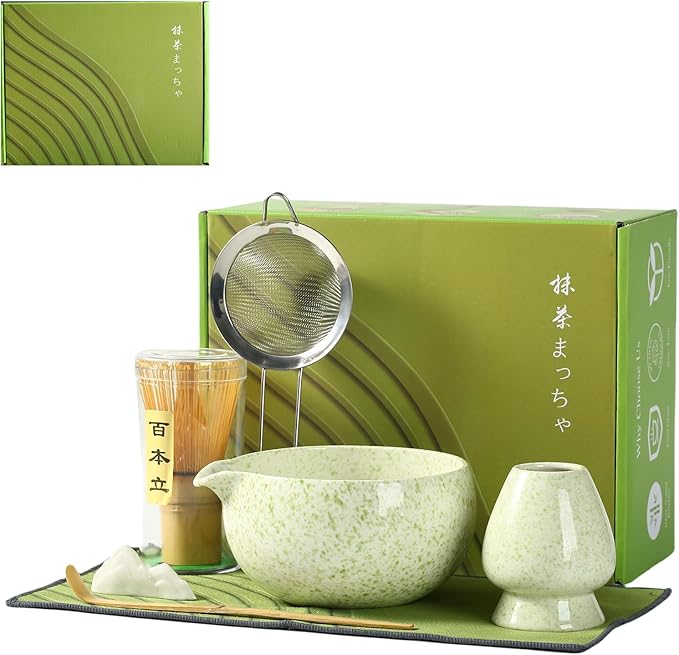 Matcha Whisk Set, Ceramic Matcha Set with Spout, Matcha Bowl Kit with Sifter, Whisk and Holder, Bamboo Scoop, Scoop Rest, Tea Towel, 7 Pcs Matcha Kit Set for Making Breakfast/Latte for Matcha Lovers