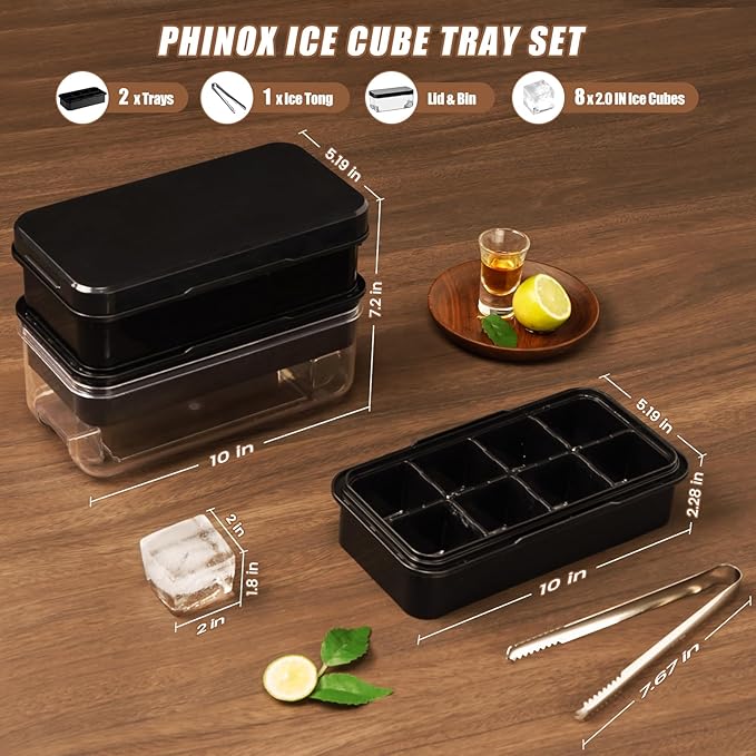 PHINOX Large Ice Cube Tray with Lid and Bin, Ice Trays for Freezer, 2 INCH Whiskey Ice Cubes Mold, 2*8 pcs Square Ice Cube Mold with Tong, Easy to Release, Large Ice Tray for Whiskey Cocktail Bourbon