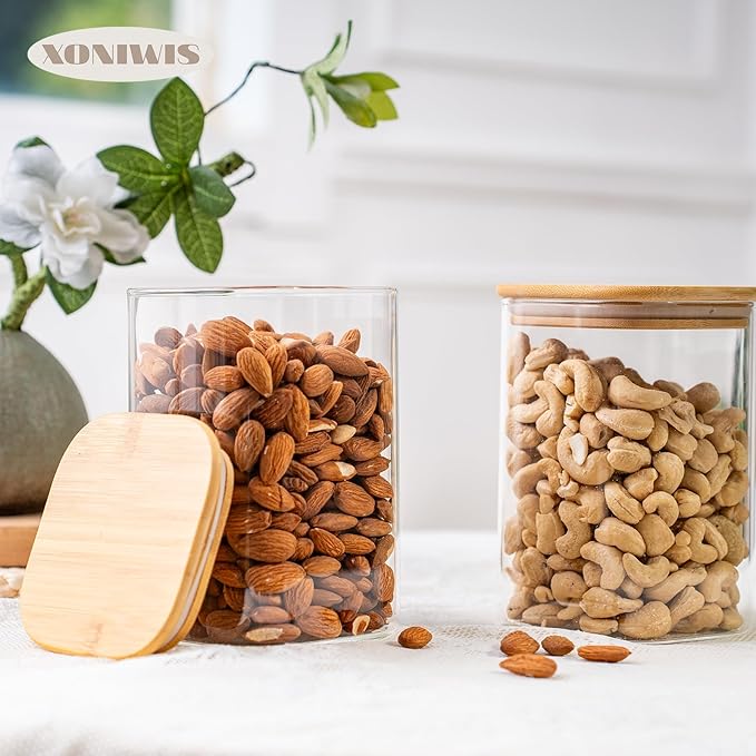 37oz 4PCS Glass Storage Containers with Lids, Glass Jars with Lids Pantry Food Storage Jars, Square Canister For Cookie, Nuts, Snack, Cereal, Candy, LeafTea, Coffee, Spice