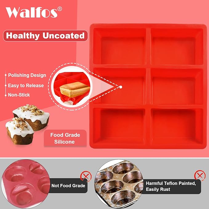 Walfos Silicone Mini Bread Baking Pan 6 Cavities Non-Stick Silicone Mini Loaf Pans 2 Pieces Food Grade Baking Mold For Bread, Cakes, Muffin, Dough, Easy Pop Out and Dishwasher Safe