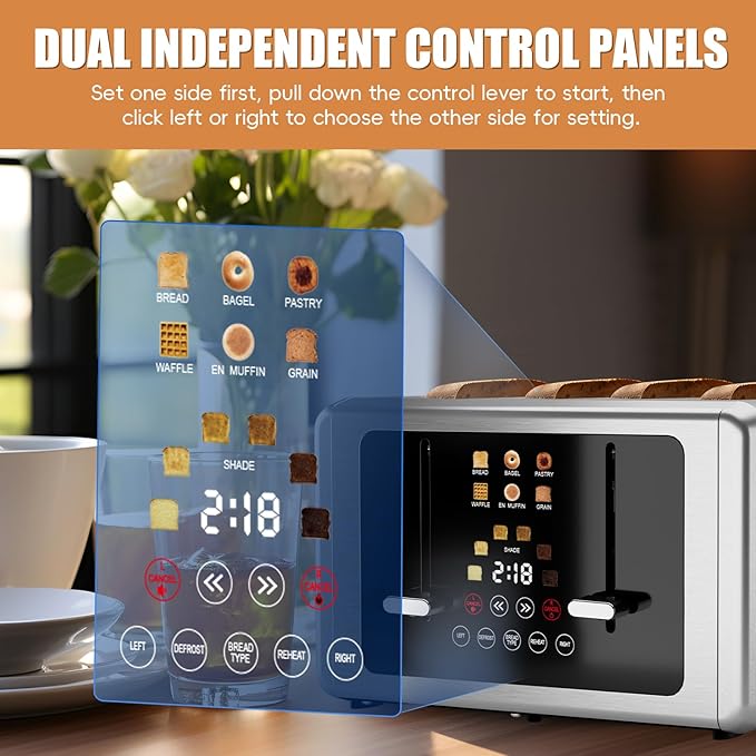 4 Slice Toaster, Touchscreen & Dual Independent Control Panel,Digital Countdown Toasters, 6 Shade Settings＆6 Bread Types, Smart Mute/Screen-Off,Silver