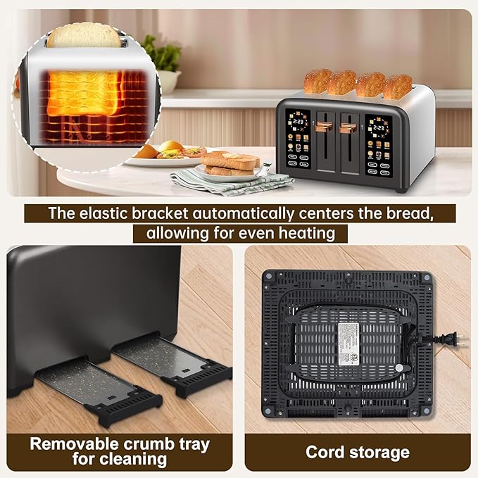 SEEDEEM Toaster 4 Slice, Stainless Steel, Touch Screen for Dual Control, Digital Timer, Smart Toaster with 6 Bread Type, 7 Shade Setting, 1.5''Wide Slot, Removable Crumb Tray, 1800W, Dark Metallic