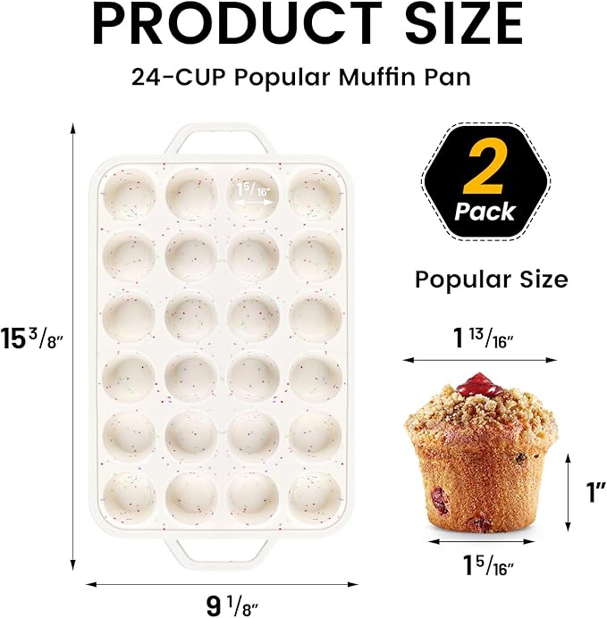 Vinino Mini Muffin Pan with Metal Reinforced Frame-2Pack, Silicone Cupcake Pan for Baking 24 Cup Mini Size, BPA Free Silicone Muffin Tray, Cupcake Baking Pan Molds for Oven Dishwasher Safe - Cream