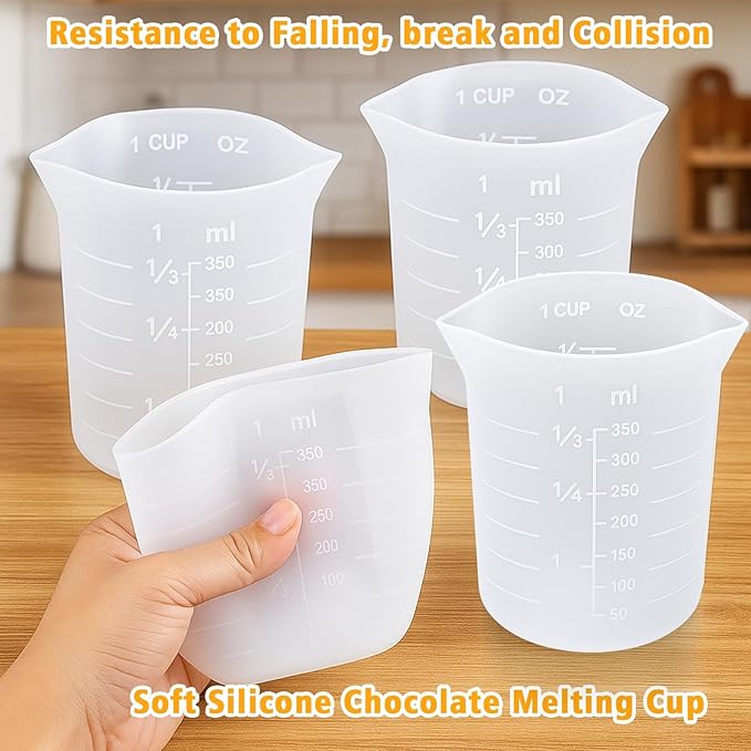 Palksky Silicone Chocolate Melting Cup Set with 4 Silicone Measuring Cups (250ml & 350ml) and 4PCS Heat-Resistant Jar Spatulas, Non-Stick Baking Tools for DIY Chocolate, Butter & Cream Mixing
