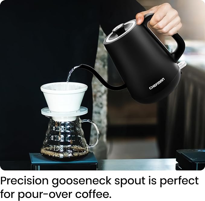 Chefman Gooseneck Electric Kettle, 0.8L Pour Over Tea Kettle for Coffee and Tea, One-Touch Operation, Boil-Dry Protection, Auto Shut-Off, Ultra-Fast Hot Water Boiler – Black