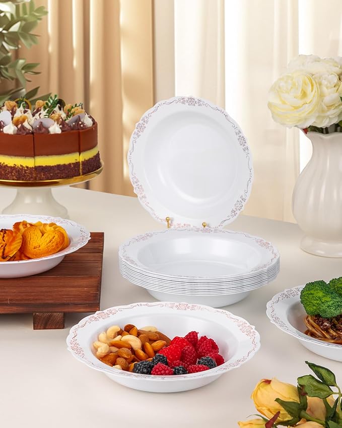 100 Pack White Plastic Bowls with Rose Gold Rim, 12oz Plastic Dessert Bowl, Bowls Disposable Heavy Duty for Hot Soup, Dessert, Salad, Cake, Ice Cream, Fruit