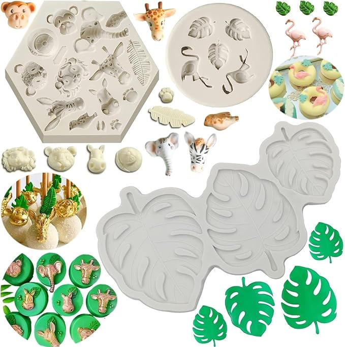 Safari Animal Fondant Mold Flamingo Silicone Molds,Safari Cake Decorations Animal Cake Toppers Mold,Tropical Leaf Chocolate Silicone Molds for Cake Decorations