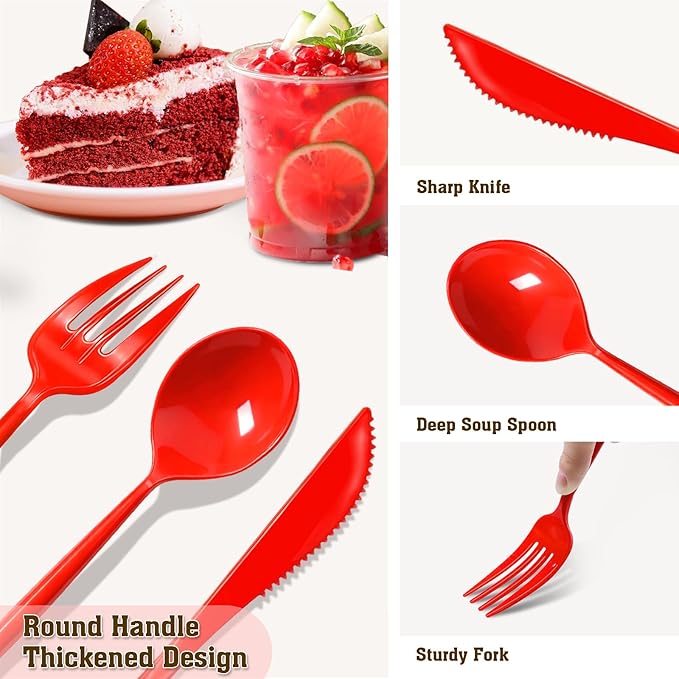 120 Pack Red Plastic Silverware Heavy Duty, Red Plastic Utensils, Sturdy Disposable Cutlery, 40 Forks 40 Spoons 40 Knives for Birthday, Graduation, Christmas, Chinese New Year, Valentines Day