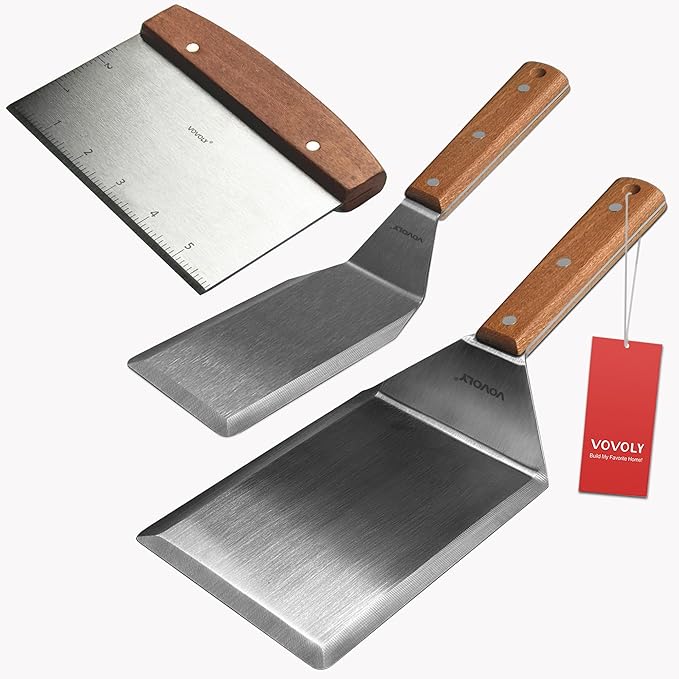 Stainless Steel Metal Spatula Set For Griddle, Grill Spatula Scraper for BBQ/Flat Top Grill- Full Tang Handle -Thicked Blade- Beveled Edges, Great Griddle Accessories for Pancake/Dough Cutter