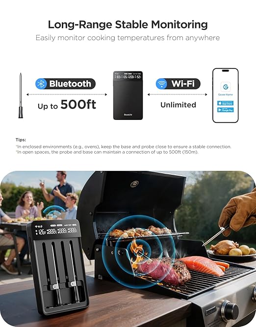 GoveeLife Bluetooth Wireless Meat Thermometer with 4 Probes, WiFi Unlimited Range, ±1.8℉ Accuracy, IP68 Waterproof Real Time Monitoring Digital Food Thermometer for Kitchen, BBQ, Grill, Oven, Smoker