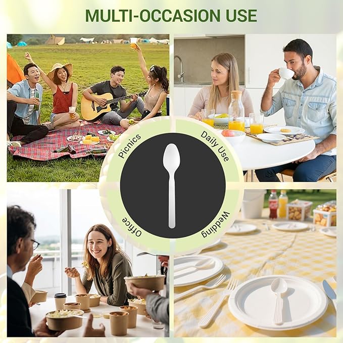 Compostable Spoons [500 Pcs] Disposable Spoons Bulk BPI Certified BPA-Free, Heat Resistant, Durable Disposable Utensils Alternative to Plastic Silverware for Daily, Party & Camping