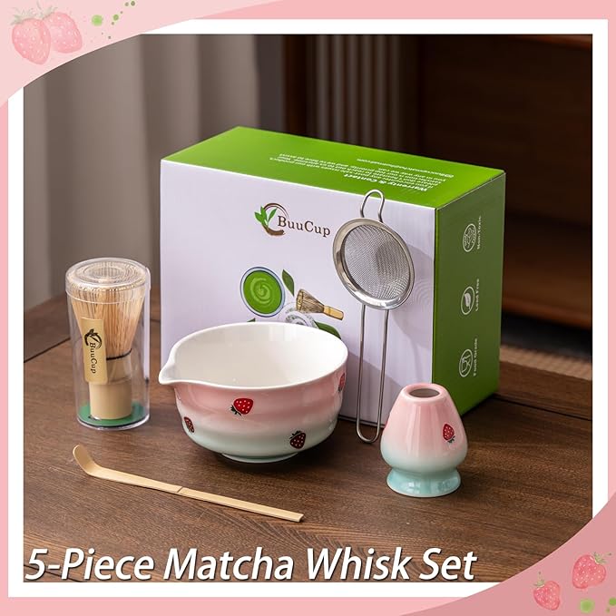 Matcha Whisk Set, Matcha Bowl with Spout, Matcha Whisk and Holder, Bamboo Matcha Scoop and Stainless Sifter,Ceramic Matcha Bowl(Pink Green)