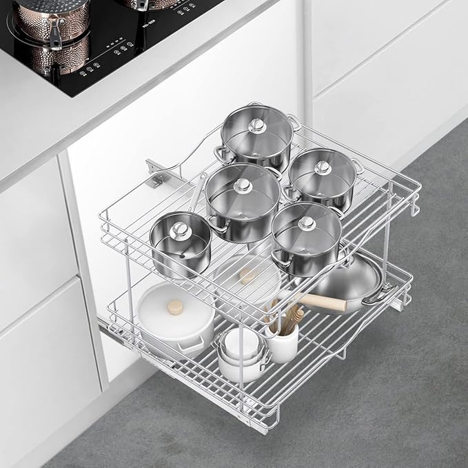 FULGENTE Chrome Finish Pull Out Drawer Cabinet Organizer 20" Wx18 Dx15.12''H 2 Tier Heavy Duty Slide Out Kitchen Storage Shelves Wire Frame Under Shelf Sliding Drawers for Inside Cupboard
