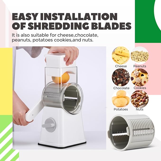6-in-1 Rotary Cheese Grater with 12 Blades Hand Crank Food Grater Vegetable Slicer with Suction Base, 360° Rotating Handle and Safety Push Cup Multi Blade Shredder Chopper to Dice for Kitchen