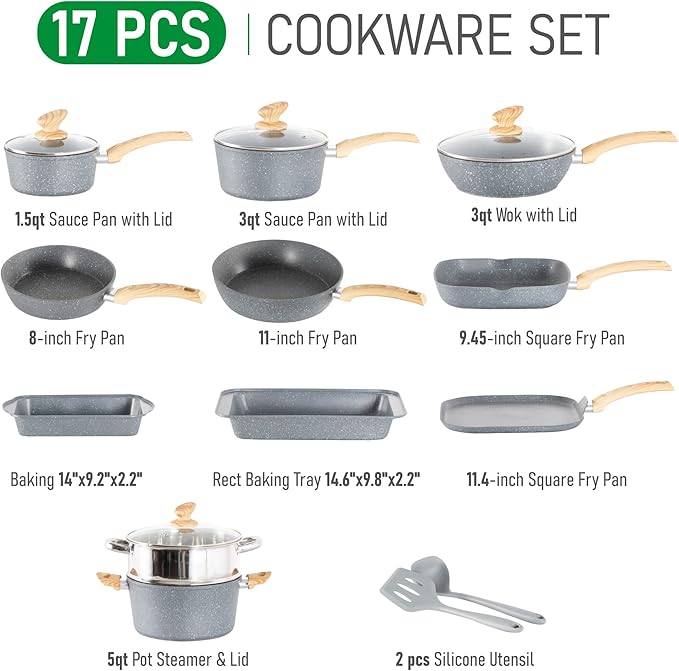 MAISON ARTS 17 Piece Pots and Pans Set Non Stick, Kitchen Cookware Sets with Nonstick Granite Stone Coating, Suitable for Induction Cooktops, Grey