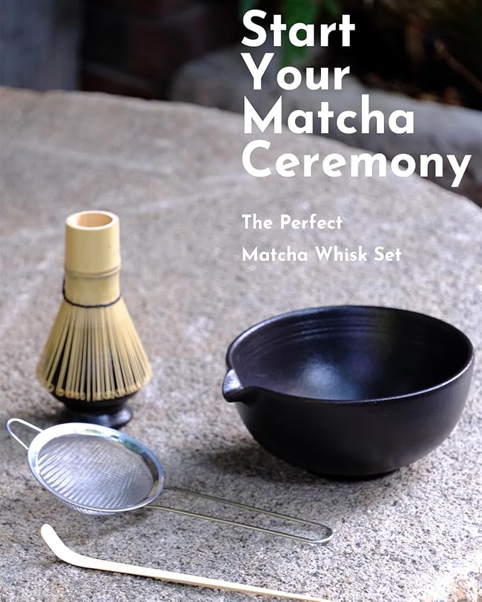 Matcha Whisk Set,Matcha Set,Matcha Kit,Matcha Bowl with Spout,Scoop,Sifter,Bamboo Whisk,Chasen Holder,Unique Gifts for Women Grifend,Gifts for Christmas, Birthday,Halloween(Black)