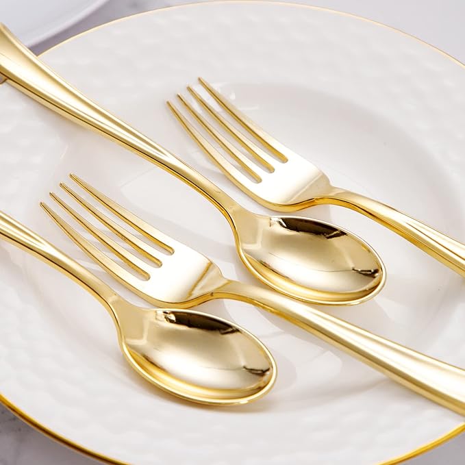 BUCLA 200-Piece Gold Plastic Silverware - Heavy Duty Disposable Cutlery Set - 100 Gold Plastic Forks & 100 Spoons for Catering, Party, Dinner, Wedding & Thanksgiving