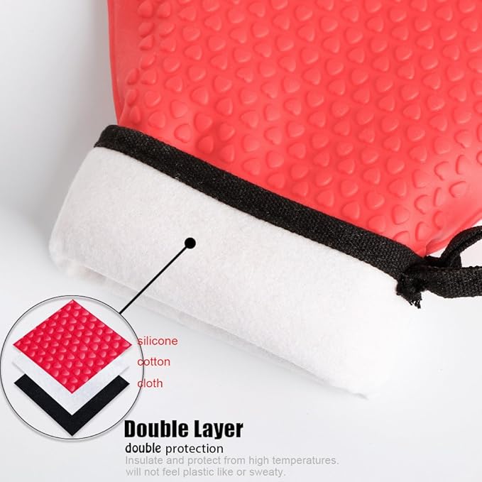 Kitchen Oven Gloves - Dual-Layer Heat Resistant Grilling Gloves, Silicone Oven Mitts with 5 Fingers, Waterproof Non-Slip Pot Holder for Barbecue, Cooking, Baking (XL-XXXL, Red)