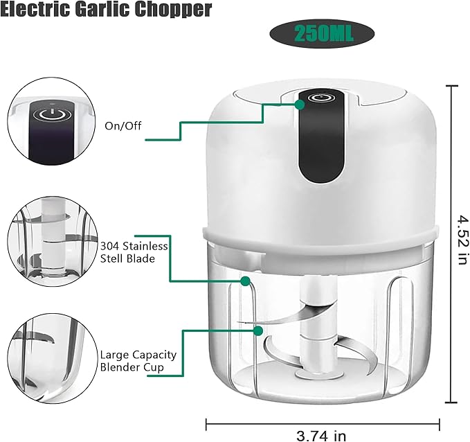 250ML Electric Garlic Chopper, Mini Portable Veggie Choppers, Garlic Grinder Masher Onion Chopper, Blender to Vegetable, Wireless Food Processor for Ginger, Chili, Fruit, Meat, etc
