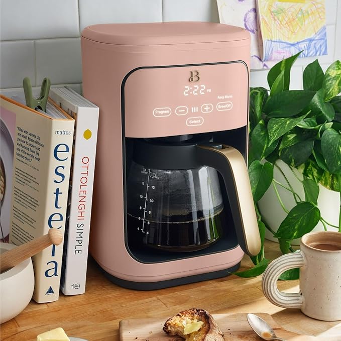 Beautiful 14 Cup Programmable Coffee Maker, Touch Display, 1200W, Brew Strength Control, Keep Warm, Pause & Serve, Glass Carafe, Reusable Filter, Auto Shut-Off (Rose)