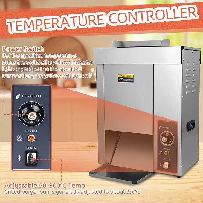 Hakka Commercial Burger Machine, Vertical 2000W Chain Type Automatic Unlimited Electric Bun Toaster for Fast Food Restaurant Grilling Browning EGO 1400 Slices/Hour