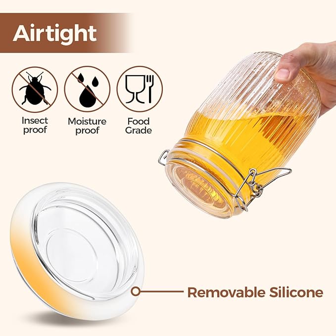 ComSaf Airtight Glass jar with lid 37oz Set of 3, Glass Storage Containers with Lids, Glass Canisters, Striped Clip Fastening Jar for Kitchen Canning, Tea, Pasta, Sugar, Beans, Cookie, Jam, Oat