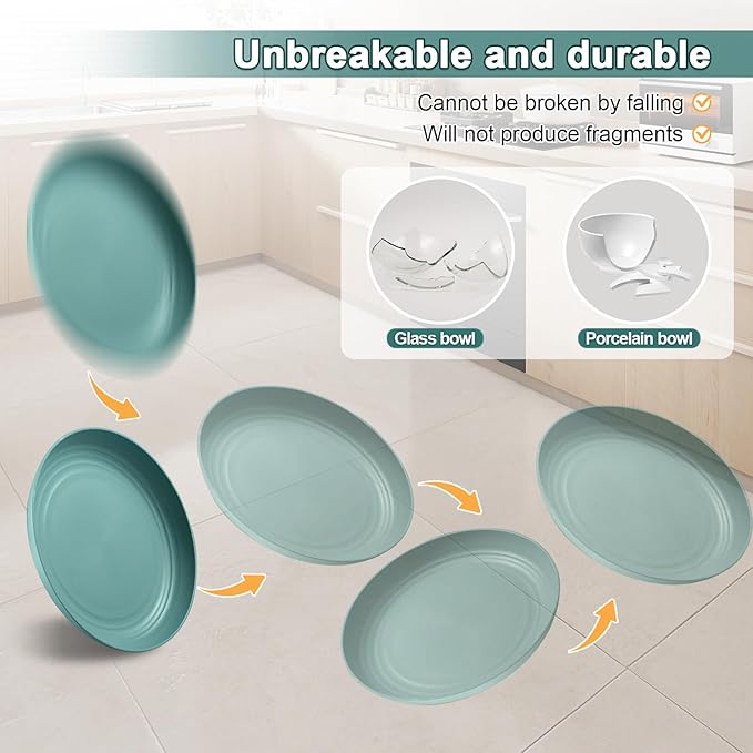 12 Pcs Unbreakable Deep Dinner Plates Set, 10 inch Reusable Plastic Wheat Straw Plates, Microwave and Dishwasher Safe Plate for Kitchen, Lightweight Plate for Dessert, BPA Free, 6 Colors