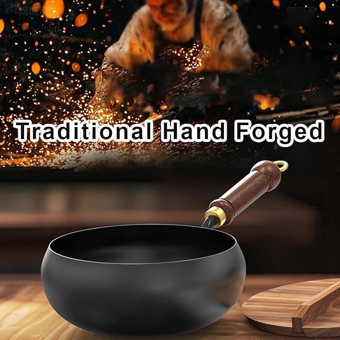 Jinswhdre Cast Iron Skillet, 9.5/11in Jinswhdre Japanese Irons Pan, Hand Forged Uncoated Iron Pan with Lid Spatula, Non-stick Wok for Cooker Gas Stir Fry Pans Durable and Rust-Free (Wooden Lid,10.2in)