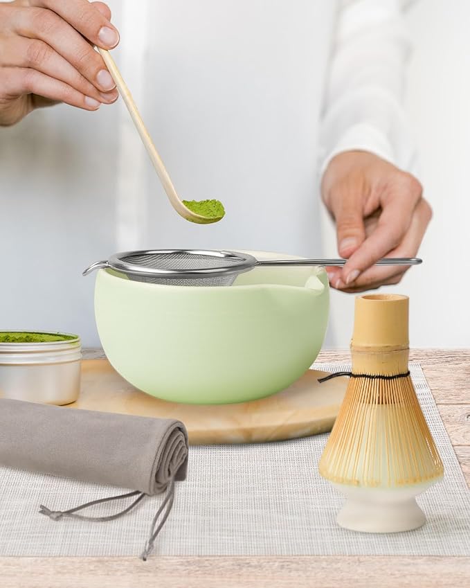 Matcha Whisk Set Kit, 5-PC Ceramic Matcha Bowl with Spout & Holder, Bamboo Whisk, Sifter, Scoop, Traditional Japanese Matcha Tea Making Tools, Complete Gift Set