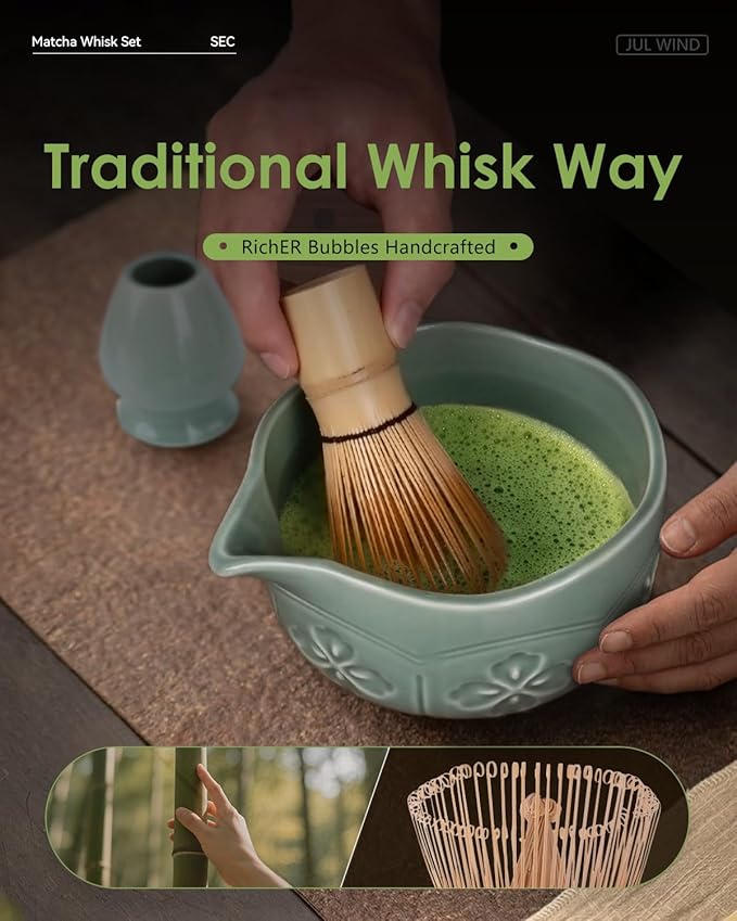 Matcha Whisk Set, Ceramic Matcha Set Includes Matcha Bowl with Spout, Matcha Whisk and Holder, Bamboo Scoop, Sifter and Tea Towel - 6 Pcs Matcha Kit Gift for Matcha Lovers Beginners (Green)