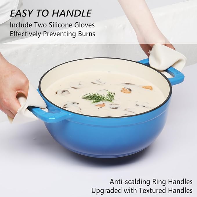 VINGLI 7.5QT Enameled Cast Iron Round Dutch Oven Pot with Lid, NonStick Casserole Pot with Dual Handles & Silicone GlovesRed, Oven Safe up to 500°F or on Stovetop, Dutch Oven for Bread Baking, Blue