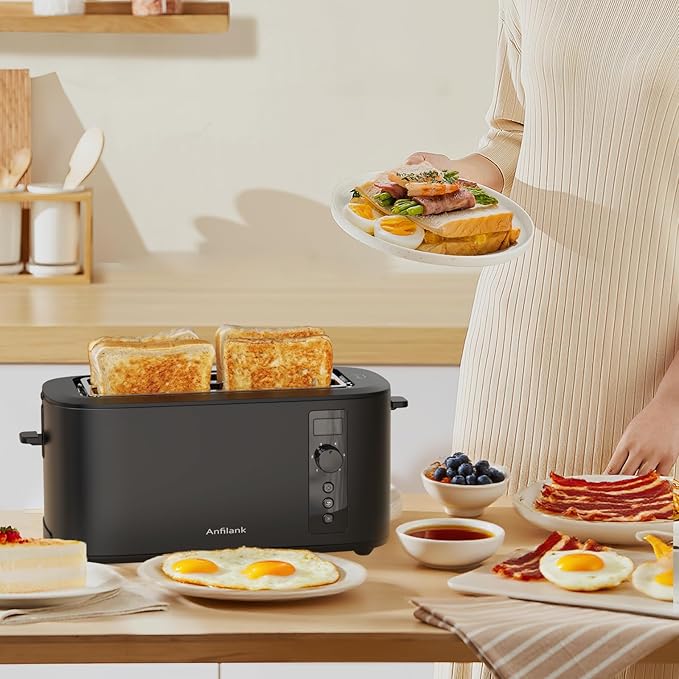 Toaster 4 Slice Long Extra Wide Slot 1.5" with Countdown Timer, 6 Browning Settings, Built-in Warming Rack, Bagel/Cancel/Defrost Functions, Removable Crumb Tray-Matteblack
