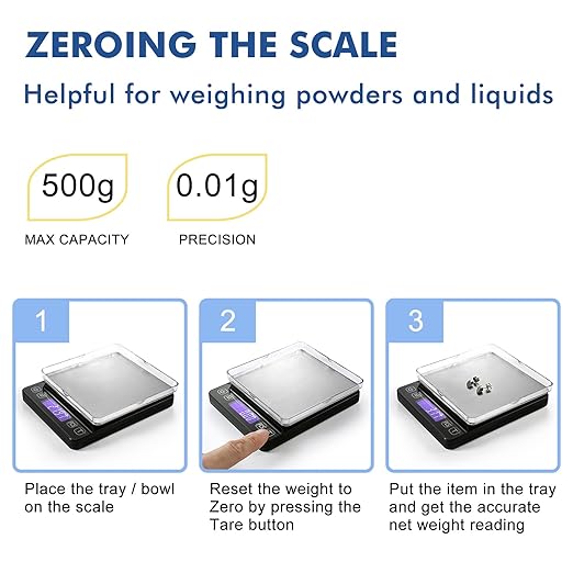 KitchenTour Digital Kitchen Scale - 500g/0.01g High Accuracy Precision Multifunction Food Meat Scale Small Scale Jewelry Lab Carat Powder Scale with Back-Lit LCD Display(Batteries Included)