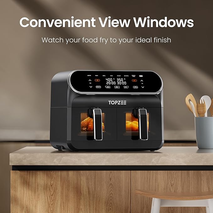 Topzee 8QT Dual Basket Air Fryer – Large Air Fryer with Independent Controls, 8 Preset Modes, Sync & Finish Together, Easy View Windows, Black