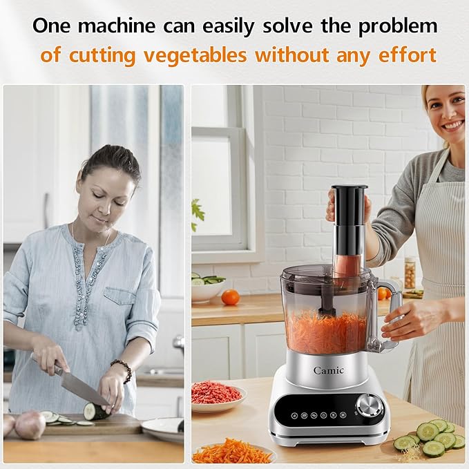 Camic 600W Food Processor, 72OZ Large Capacity Countertop Electric Vegetable Chopper with 6 Preset Programs,BPA Free, Stainless Steel Blades for Ice Crushing, Mixing, Chopping,Clicing