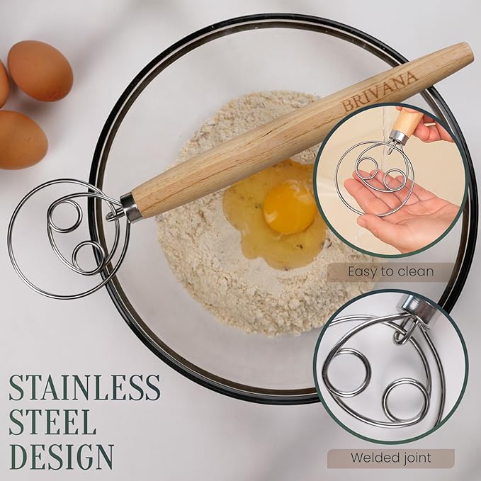 13-Inch Danish Dough Whisk, Wooden Handle with Stainless Steel Double Loop Dough Hook, Dough Whisk for Sourdough, Pizza, Cake Batter