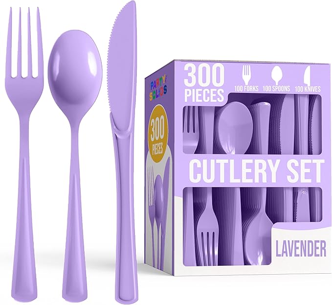 Party Solids Lavender Plastic Silverware Heavy Duty 300 Pieces Lavender Plastic Cutlery Sets, Utensil Sets, 100 Of Each Forks, Knives & Spoons Disposable Cutlery Set, Flatware Set For Party Supplies