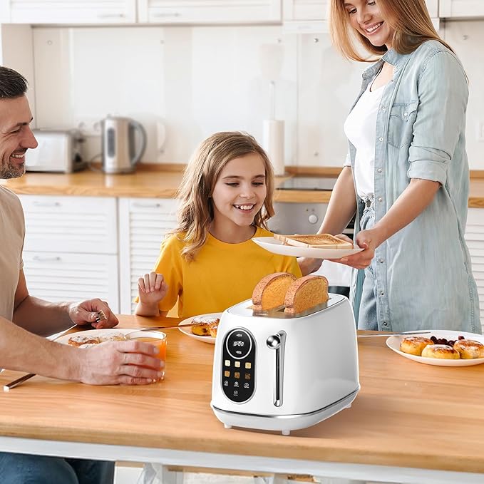 Keenstone Smart Touch Screen Toaster 2 Slice, Retro Wide Slot Stainless Steel Toaster with 6 Browning Levels, Reheat & Defrost, for Bagel, Toast, Bread, Removable Crumb Tray, White