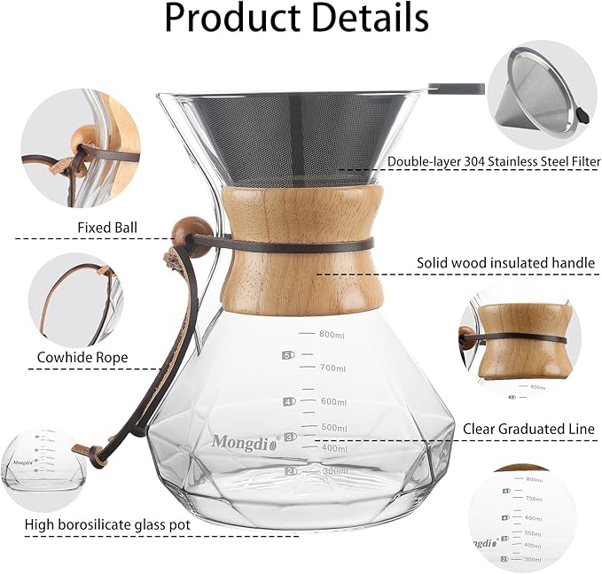 Mongdio 27 Oz Pour Over Coffee Maker with Stainless Steel Filter and Wooden Collar Holder, Borosilicate Glass Coffee Maker for Camping Home, 800ML/27OZ, Clear