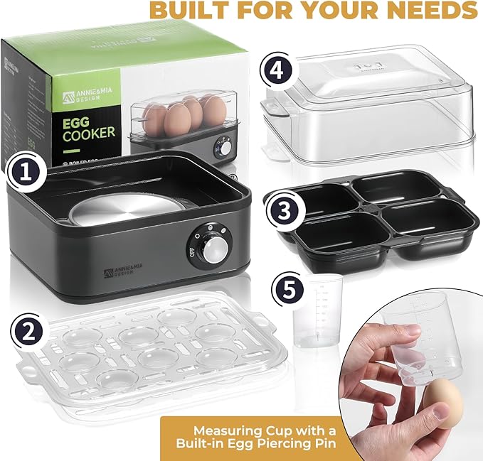 Annie & Mia Design Electric Egg Cooker, Stainless Steel 8 Egg Capacity egg boiler, 500W, Hard, Medium, Soft Boiled Egg Poacher, egg steamer, Multi-function, Knob Auto Shut-Off Function (Black)