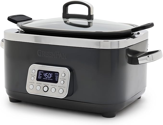 GreenPan Elite 8-in-1 Programmable 6QT Electric Slow Cooker, Dishwasher Safe Lid & Removable Crock, PFAS-Free Healthy Ceramic Nonstick Multi-Cooker, Sear,Sauté/Brown,Steam Basket,Roast, Graphite