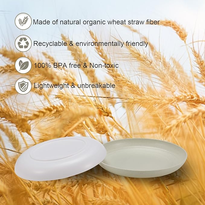12 Pcs Unbreakable Deep Dinner Plates Set, 9 inch Reusable Plastic Wheat Straw Plates, Microwave and Dishwasher Safe Plate for Kitchen, Lightweight Plate for Dessert, BPA Free, White
