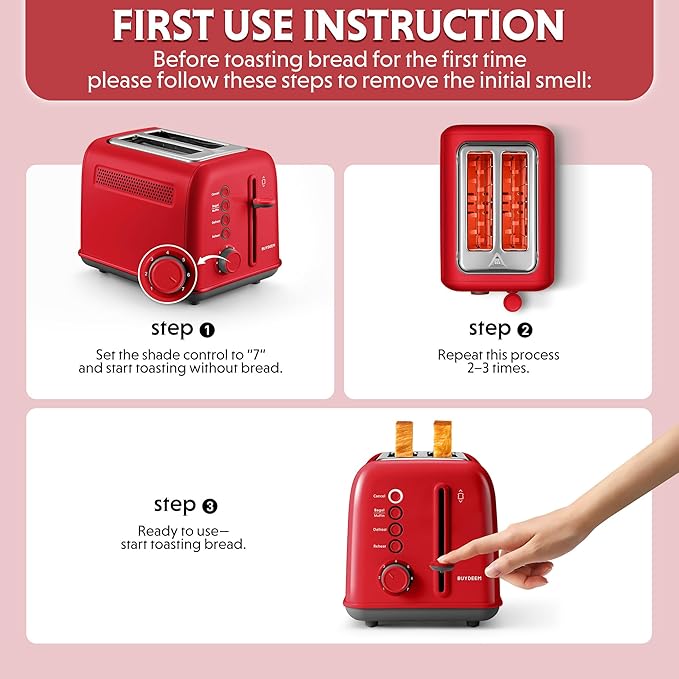 BUYDEEM DT620 2-Slice Toaster, Extra Wide Slots, Retro Stainless Steel with High Lift Lever, Bagel and Muffin Function, Removal Crumb Tray, 7-Shade Settings,Red