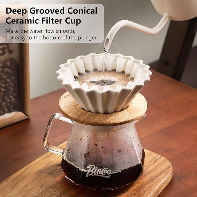 Bincoo 400ML Pour Over Coffee Maker Set with Filter Paper,Ceramic Pour Over Coffee Dripper 1-2 Cups-Professional Coffee Brewing Pot for Home Office(White)