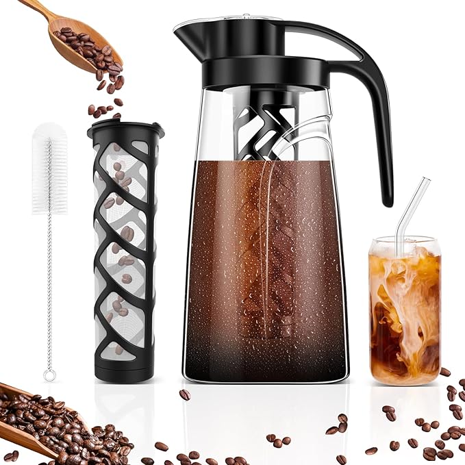 Cold Brew Coffee Maker, 70 oz (2100 ml) BPA Free Tritan Pitcher, Iced Coffee Maker and Tea Brewer, 100% Leak-Proof, Easy to Clean Reusable Mesh Filter, Black