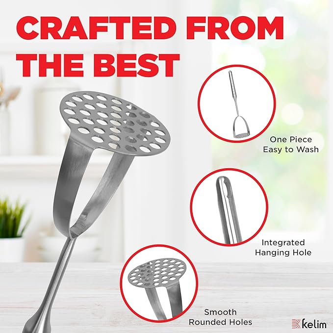 Potato Masher Cooking Utensil, Stainless Steel - One Piece, Dishwasher Safe - Heavy Duty Masher Kitchen Tool for Beans, Avocado, and More