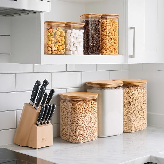 ComSaf 4.6Qt Glass Food Storage Containers, 1.2 Gallon Glass Flour and Sugar Containers with Airtight Lids, Large Square Jars with Bamboo Lids for Rice, Pasta, Oats, Grains, Cookies, Coffee Beans