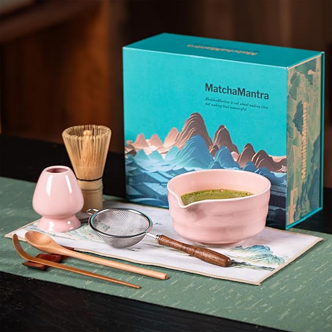 Artisan Matcha Whisk Set - 8 Pcs Premium Matcha Set with Bowl (Chawan), Bamboo Whisk & Tools | Matcha Kit for Making Breakfast/Latte | Gift for Matcha Lovers (Sakura Pink)