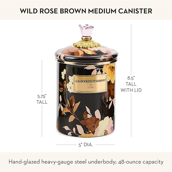 MACKENZIE-CHILDS Enamel Canister, Kitchen Storage Container with Lid, Medium, Wild Rose Brown