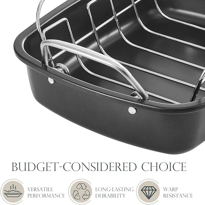 KITESSENSU Nonstick Turkey Roasting Pan with Rack, Gold